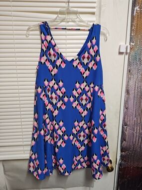 Pink Owl Blue Sleeveless V-Neck Patterned Dress with Pink and Black Accents